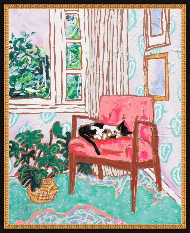 Cat Nap: Tuxedo Cat Napping in Mid-Century Chair by Lara Lee Meintjes for Artfully Walls