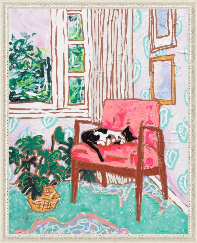 Cat Nap: Tuxedo Cat Napping in Mid-Century Chair by Lara Lee Meintjes for Artfully Walls