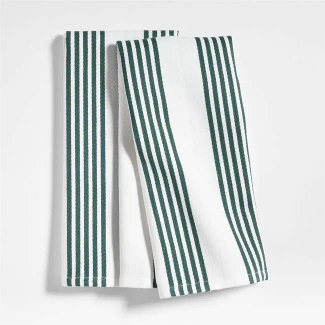 Cuisine White with Green Stripe Organic Cotton Kitchen Towels, Set of 2