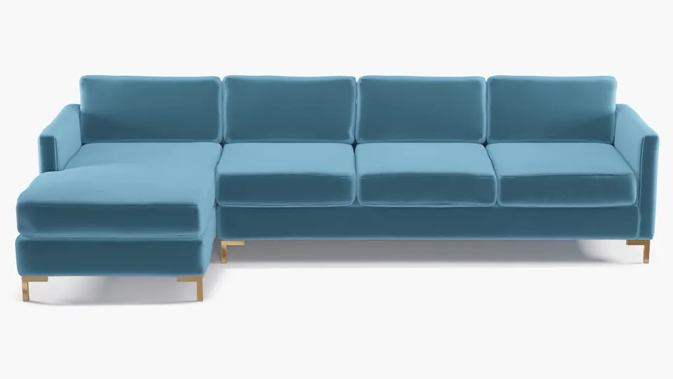 Modern Sectional, Left Facing, French Performance Plush Velvet, Brass L Leg