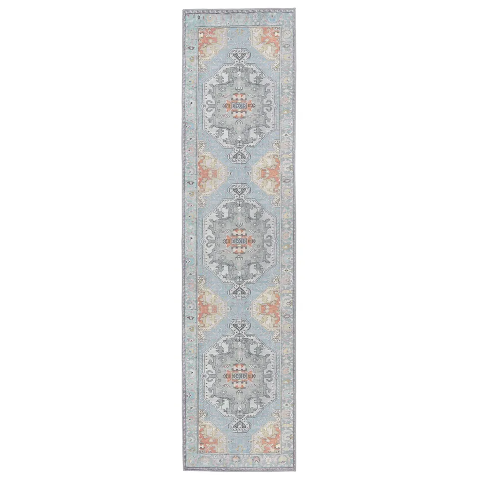 Kate Lester + Zenora Medallion Sky Blue/ Silver Runner Rug (2'6"X10')