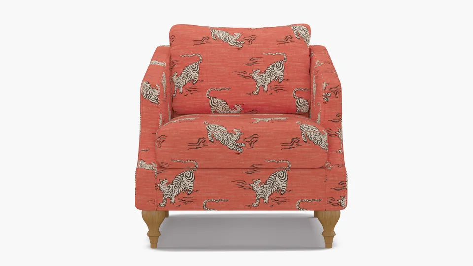 Slope Arm Chair, Coral Tigresse, Natural Turned Wood Leg