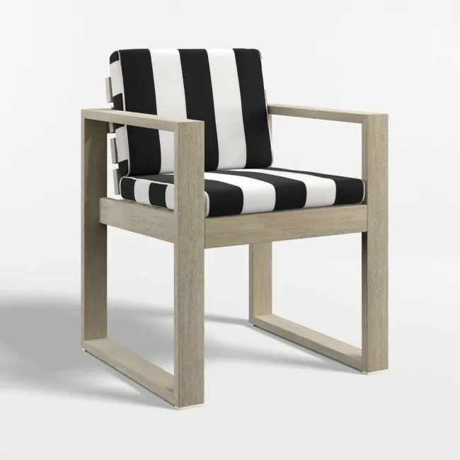 Mallorca Wood Outdoor Dining Armchair with Black and White Cabana Stripe Sunbrella ® Cushions