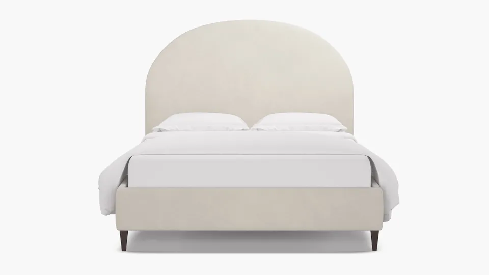 Demilune Bed, White Performance Velvet, Espresso Square Tapered Leg, Queen