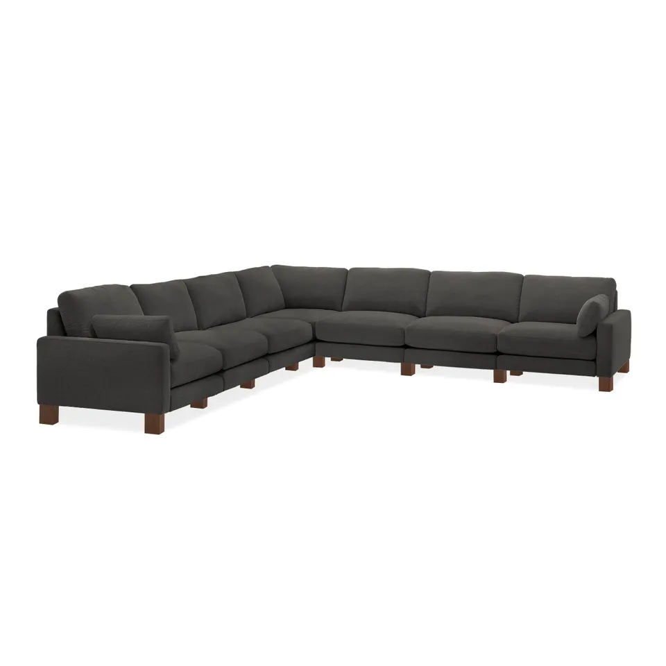 Union 7-Seat Sectional - Heather Charcoal - Performance Chenille / Walnut - Wood / Square Leg