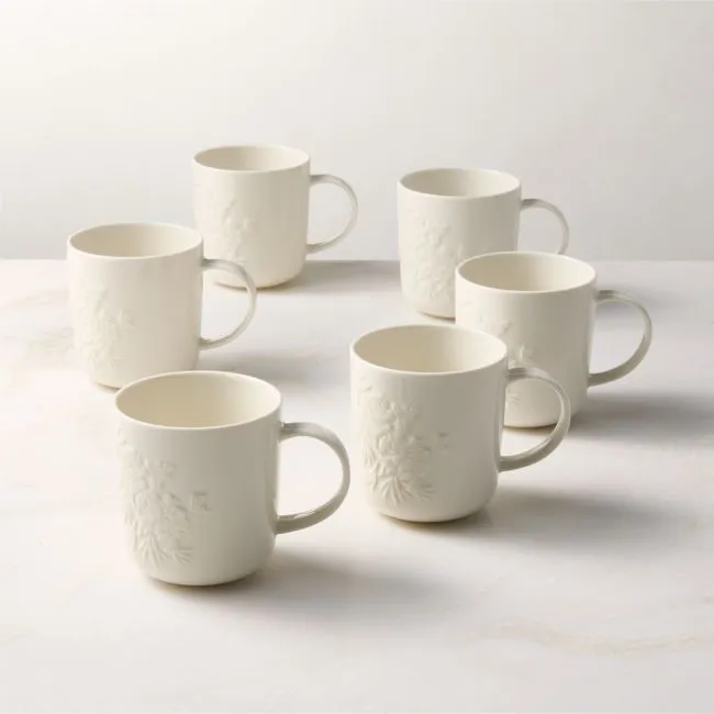 Brielle Ivory Floral Embossed Porcelain Mugs Set of 6