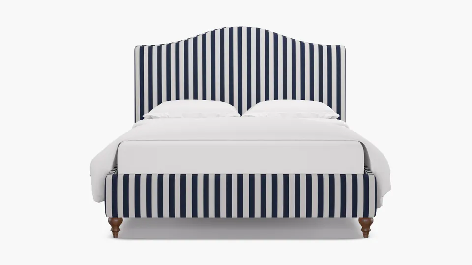 Camelback Bed, Navy Cabana Stripe, Walnut Traditional Turned Leg, Queen
