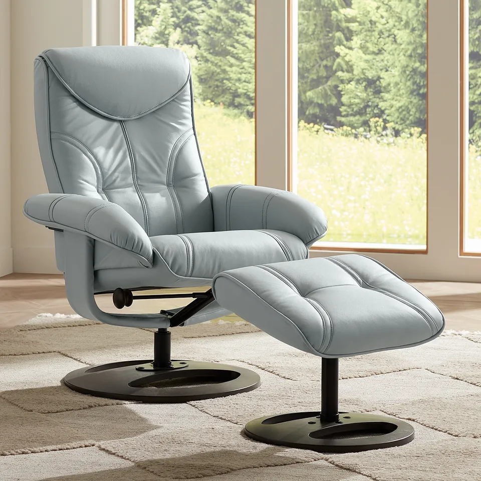 Newport Sky Blue Faux Leather Swivel Recliner and Slanted Ottoman