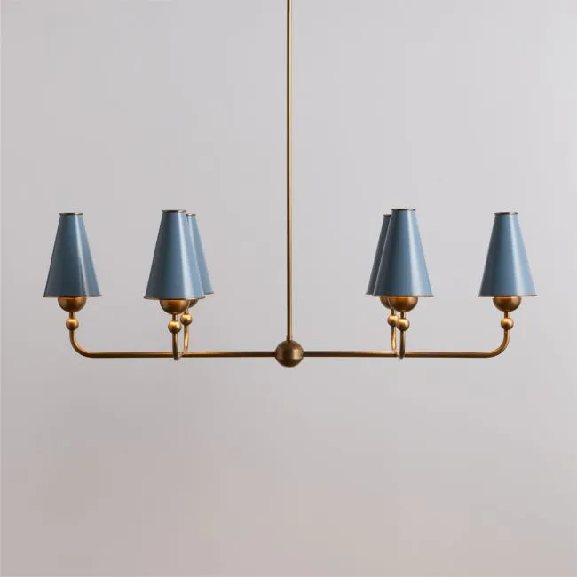 Everton Brass Linear Chandelier Light with Light Blue Metal Shades