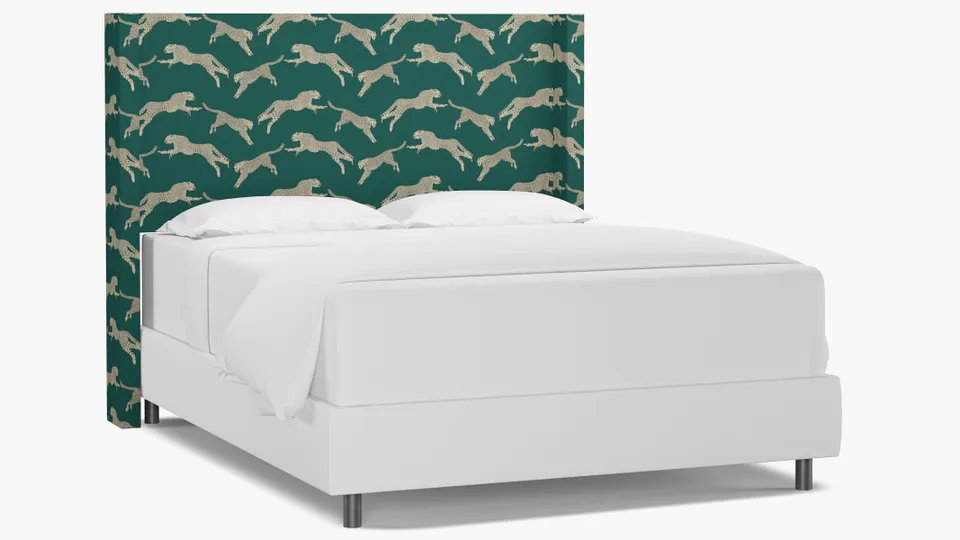 Modern Wingback Headboard, Polo Green Cheetah, Queen