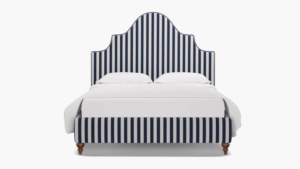 Statement Bed, Navy Cabana Stripe, Walnut Traditional Turned Leg, Full