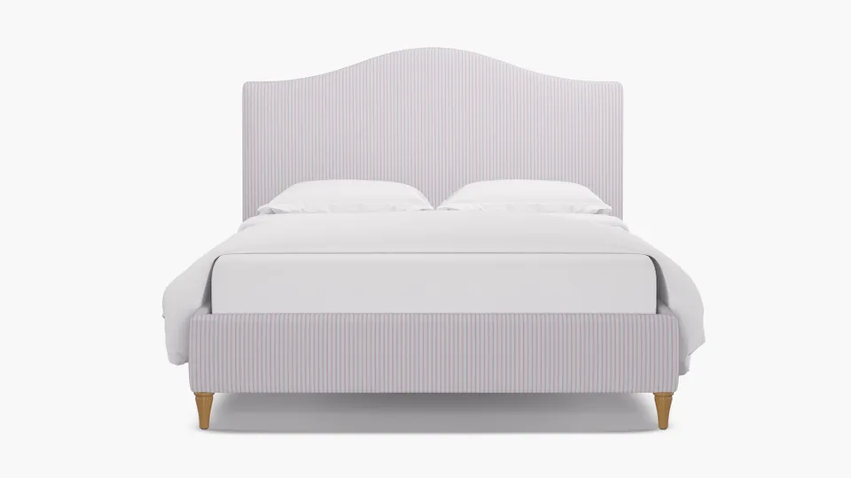 Camelback Bed, Pink Classic Ticking Stripe, Natural Decorative Tapered Leg, Queen