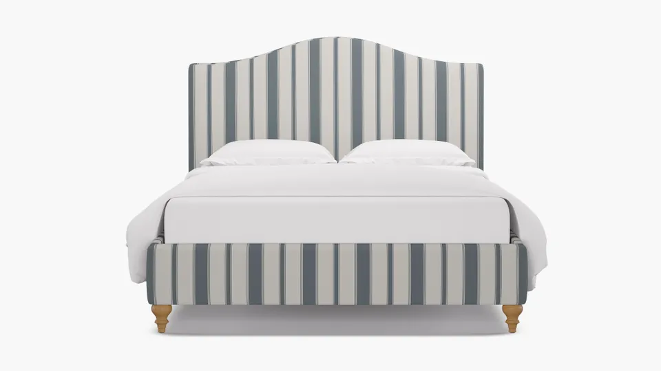 Camelback Bed, French Blue Clarence Stripe, Natural Traditional Turned Leg, King