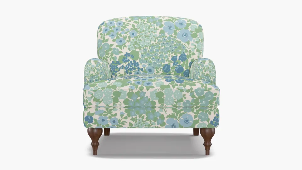 English Roll Arm Chair, Mist Million Flowers, Walnut Turned Wood Leg
