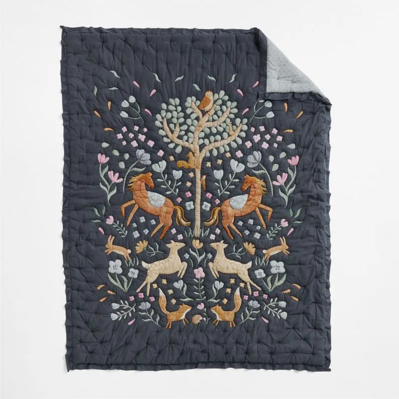 Midnight Wonderland Prairie Embroidered 100% Organic Cotton Voile Kids Twin Quilt