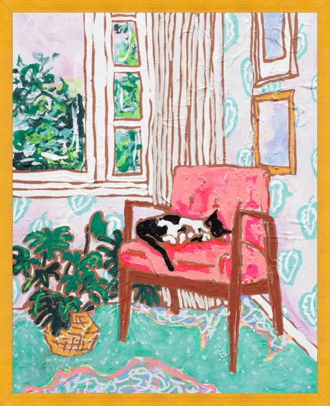 Cat Nap: Tuxedo Cat Napping in Mid-Century Chair by Lara Lee Meintjes for Artfully Walls