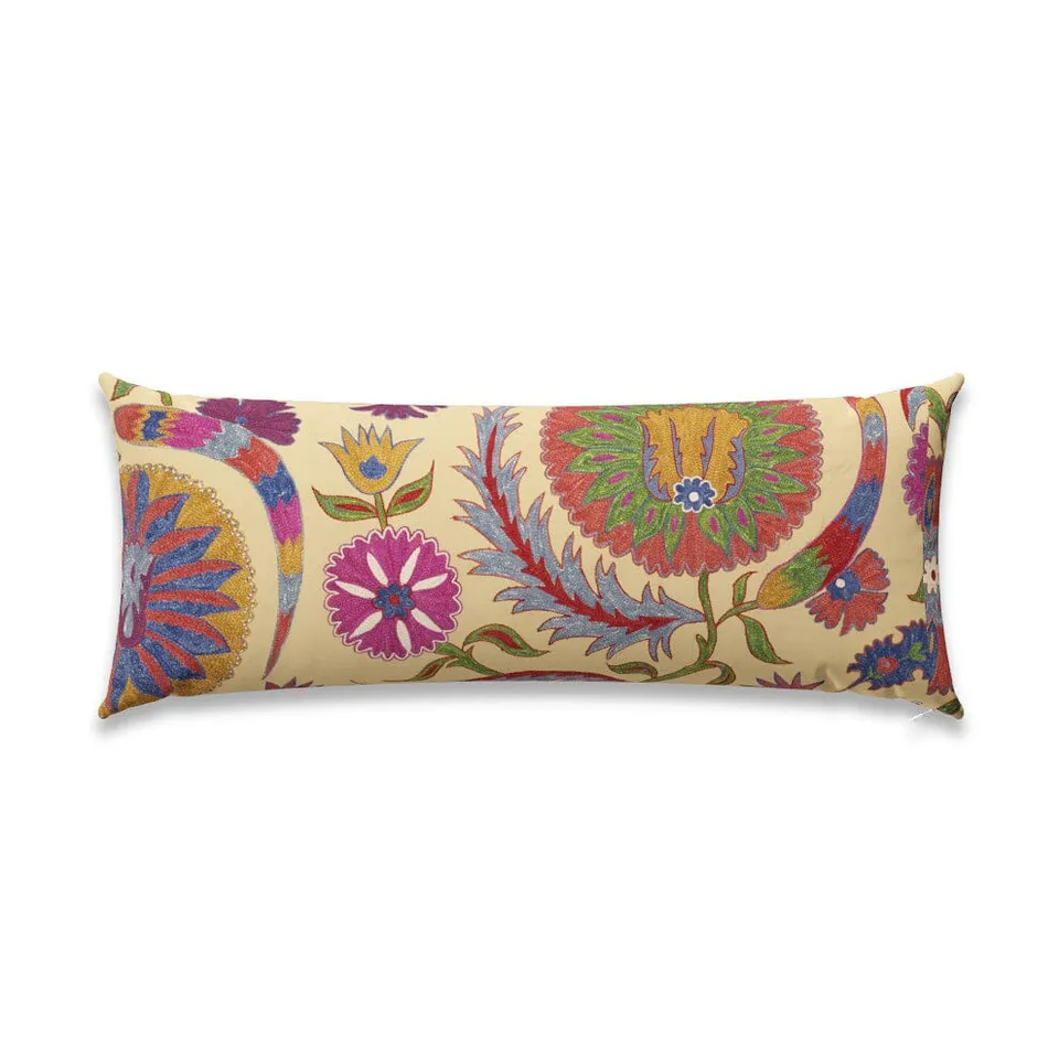 Bright Botanical Suzani Outdoor Pillow by St. Frank | Pink | 40" W x 15" H | Polyester