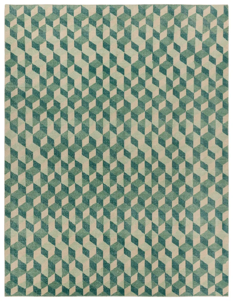Verde Home by Matrix Hand-Knotted Geometric Green/ Cream Area Rug (6'X9')