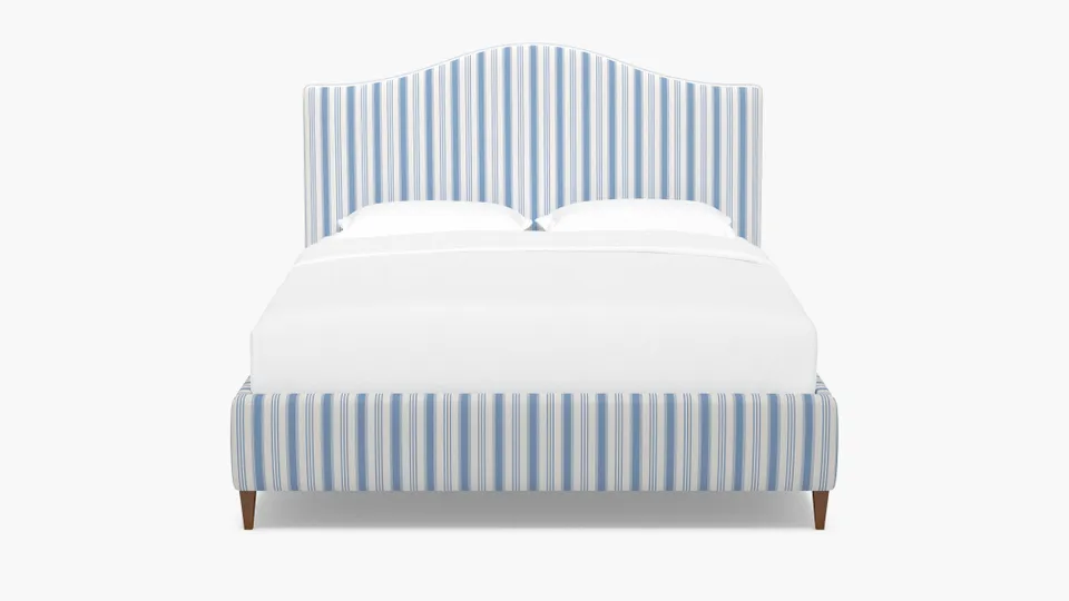 Camelback Bed, Cornflower Regency Stripe, Walnut Square Tapered Leg, King
