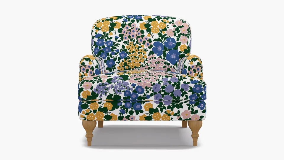 English Roll Arm Chair, Lavender Million Flowers, Natural Turned Wood Leg
