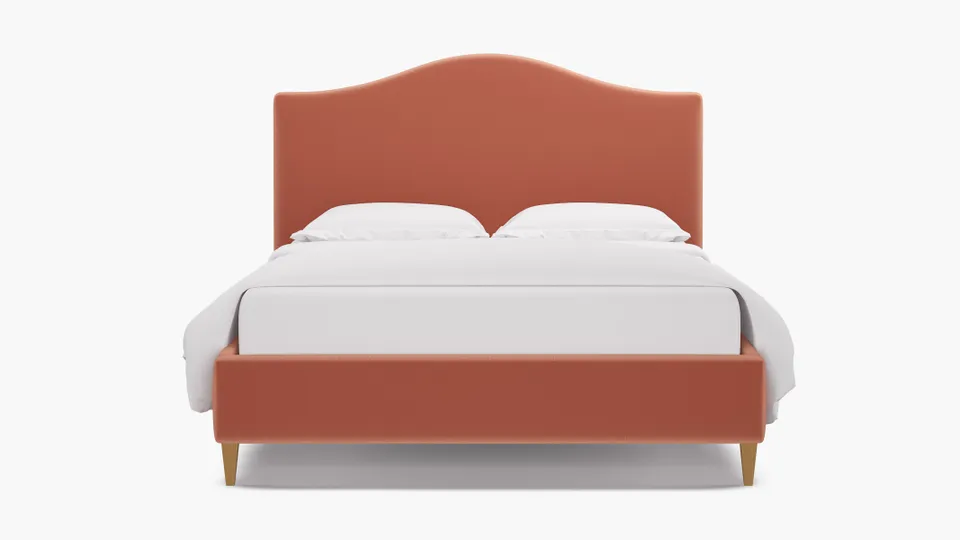 Camelback Bed, Coral Performance Velvet, Natural Square Tapered Leg, King