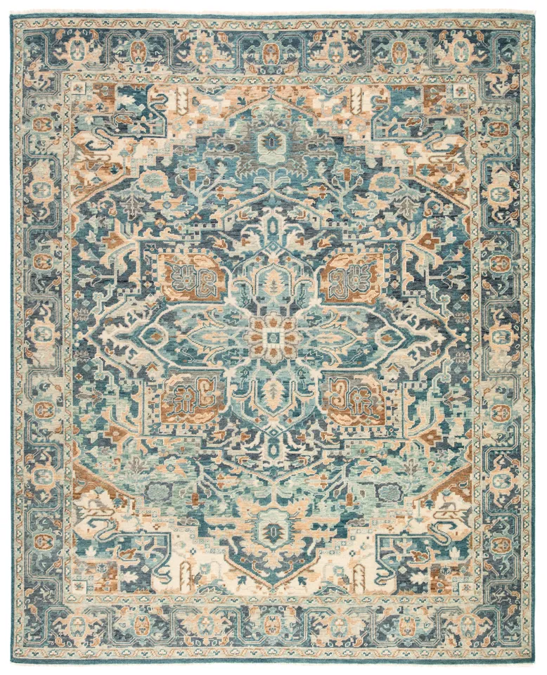 Elyas Hand-Knotted Medallion Blue/ Ivory Area Rug (10'X14')