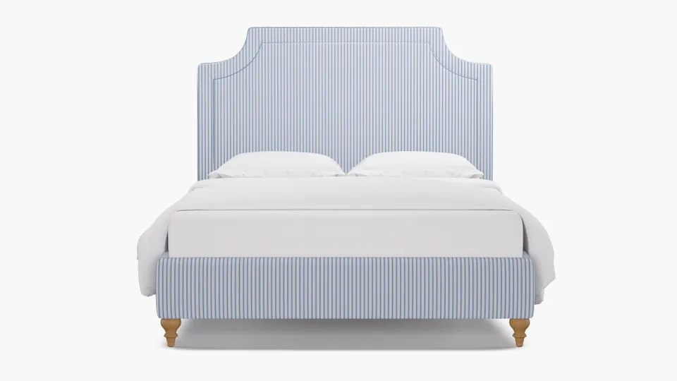 Deco Bed, Cornflower Classic Ticking Stripe, Natural Traditional Turned Leg, Queen