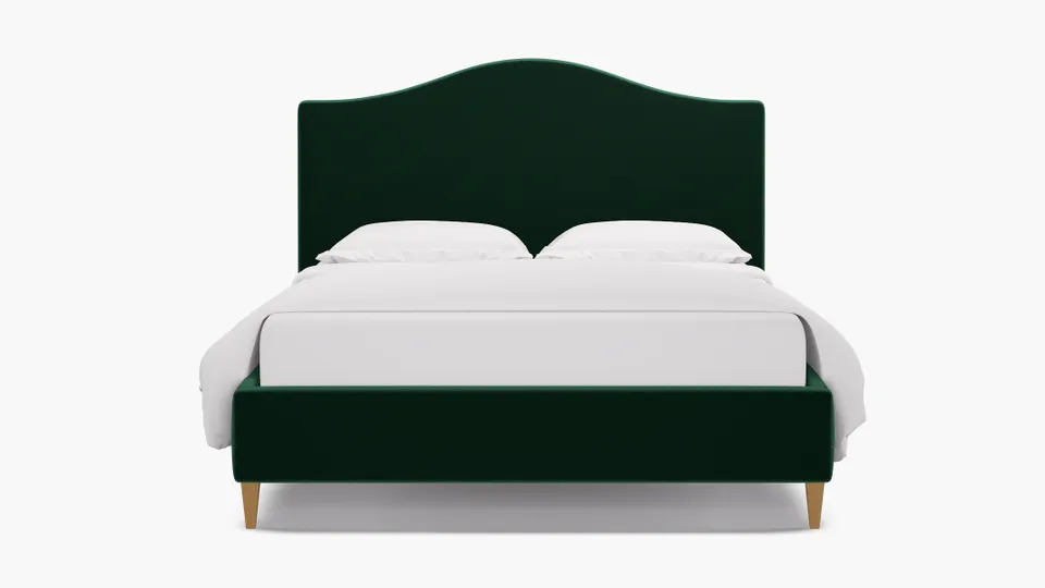 Camelback Bed, Spruce Performance Plush Velvet, Natural Square Tapered Leg, Queen