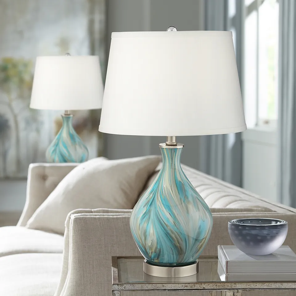 Possini Euro Cirrus Blue and Gray Art Glass Vase Table Lamps Set of 2