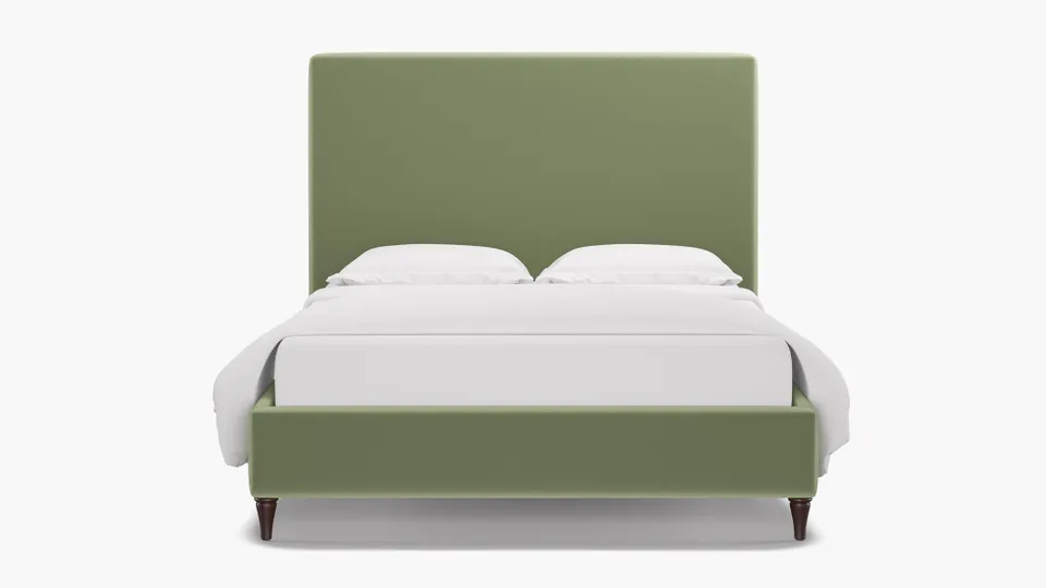 Classic Bed, Celadon Performance Plush Velvet, Espresso Decorative Tapered Leg, Queen