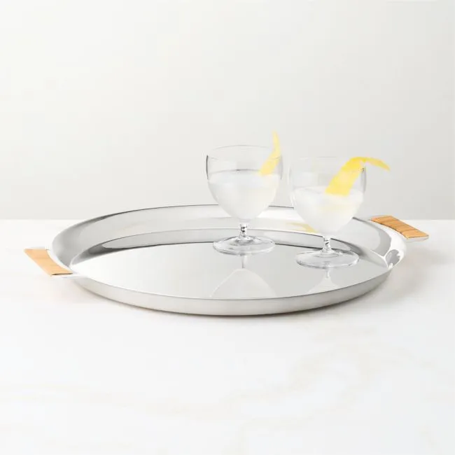 Savoy Polished Stainless Steel and Rattan Round Cocktail Tray