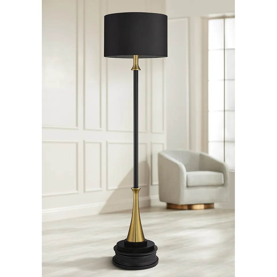 Possini Euro Burbank Black Shade Tall Floor Lamp with Dimmer and Riser