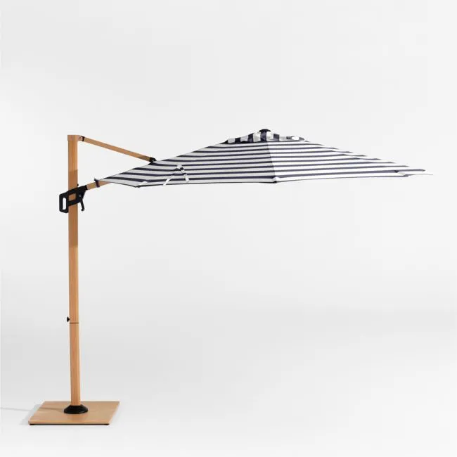 10' Round Sunbrella® Navy and White Cabana Stripe Cantilever Outdoor Patio Umbrella with Faux Wood Metal Frame