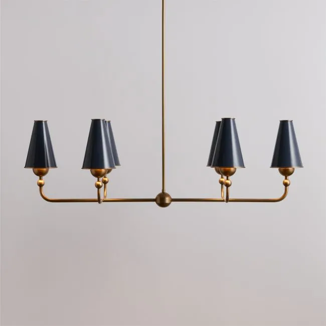 Everton Brass Linear Chandelier Light with Navy Metal Shades