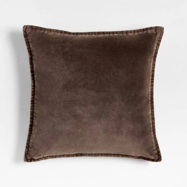 Relaxed Washed Organic Cotton Velvet 20"x20" Deep Brown Throw Pillow with Down-Alternative Insert