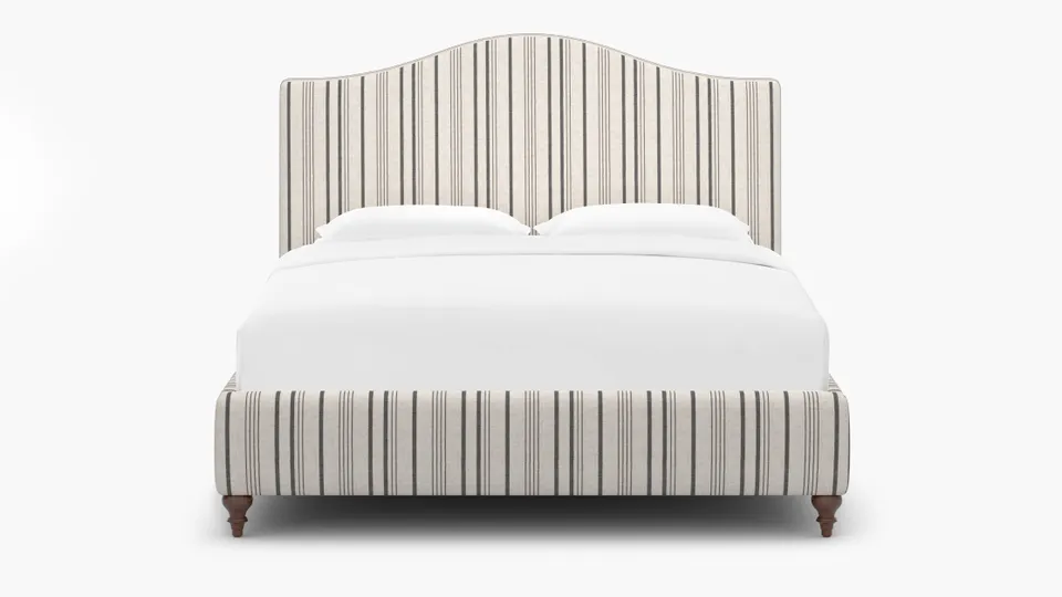 Camelback Bed, Black Market Stripe, Walnut Traditional Turned Leg, Queen