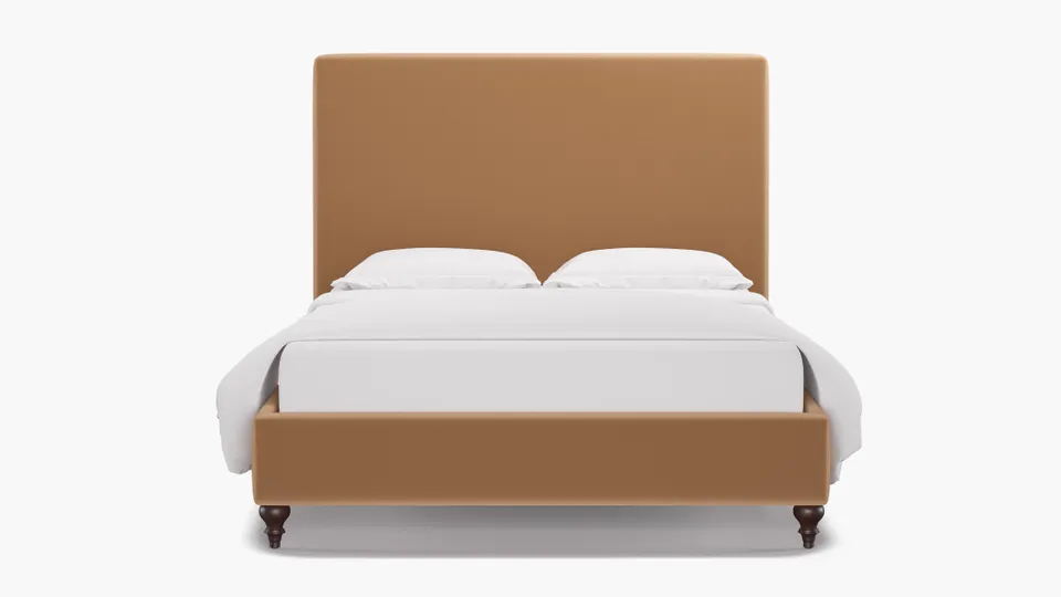 Classic Bed, Camel Performance Plush Velvet, Espresso Traditional Turned Leg, Queen