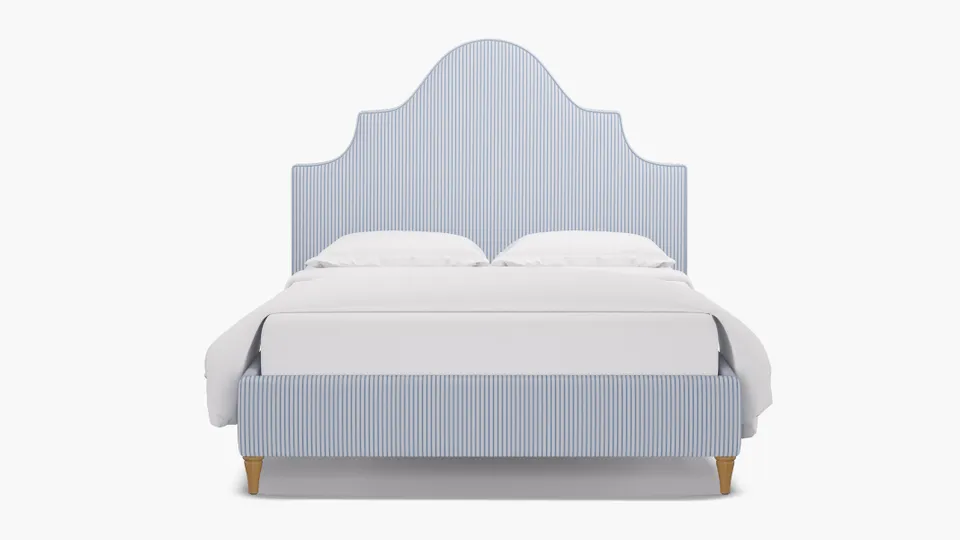 Statement Bed, Cornflower Classic Ticking Stripe, Natural Decorative Tapered Leg, Queen