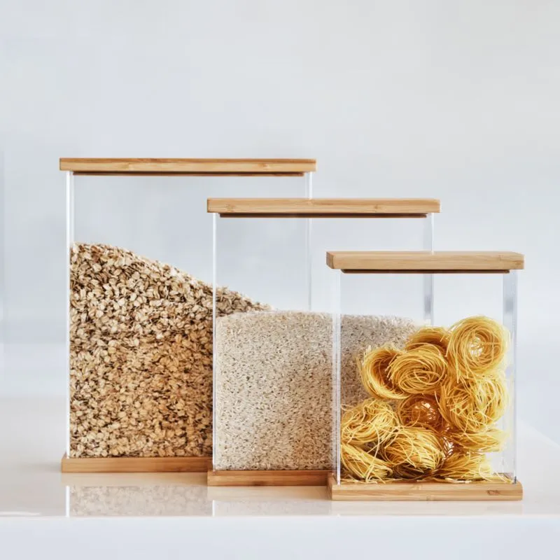 Crate & Barrel Rectangular Acrylic Kitchen Pantry Storage Canisters with Bamboo Lids, Set of 3