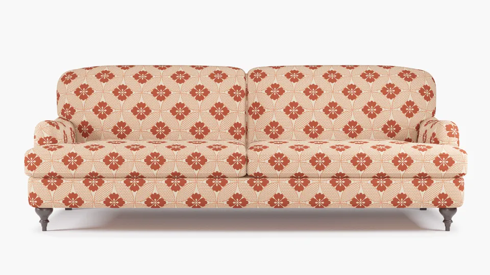 English Roll Arm Sofa, Coral Solaire, Espresso Turned Wood Leg