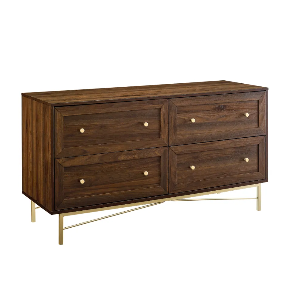 Modern Glam 4-Drawer Dresser with Gold Legs - Dark Walnut
