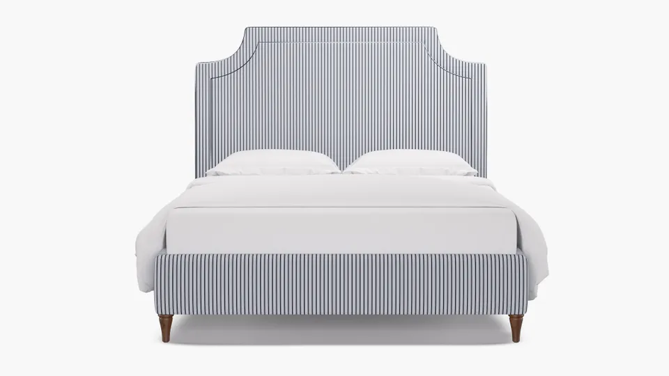 Deco Bed, Navy Classic Ticking Stripe, Walnut Decorative Tapered Leg, Queen