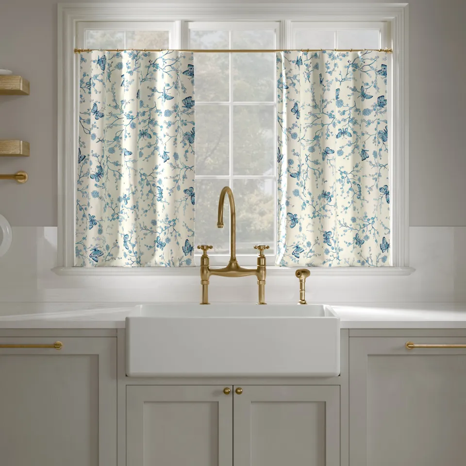 Printed Linen Café Curtain, Delft Mariposa, 25" x 36", Privacy