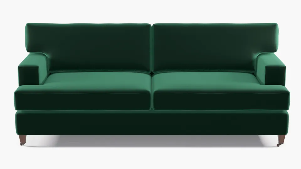 Classic Sofa, Spruce Performance Plush Velvet, Walnut with Antique Brass Caster