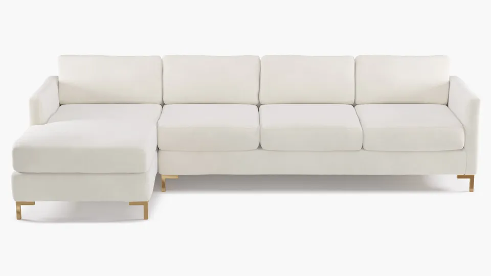 Modern Sectional, Left Facing, White Performance Velvet, Brass L Leg