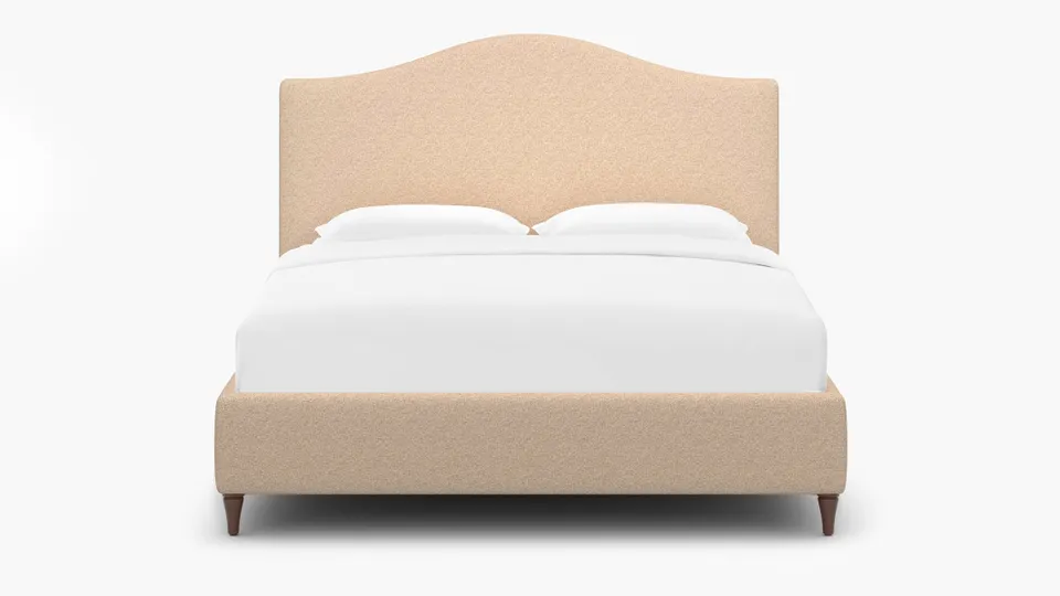 Camelback Bed, Buff Boucle, Walnut Decorative Tapered Leg, Queen