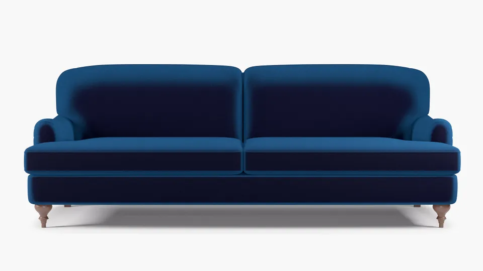 English Roll Arm Sofa, Cobalt Performance Plush Velvet, Walnut Turned Wood Leg