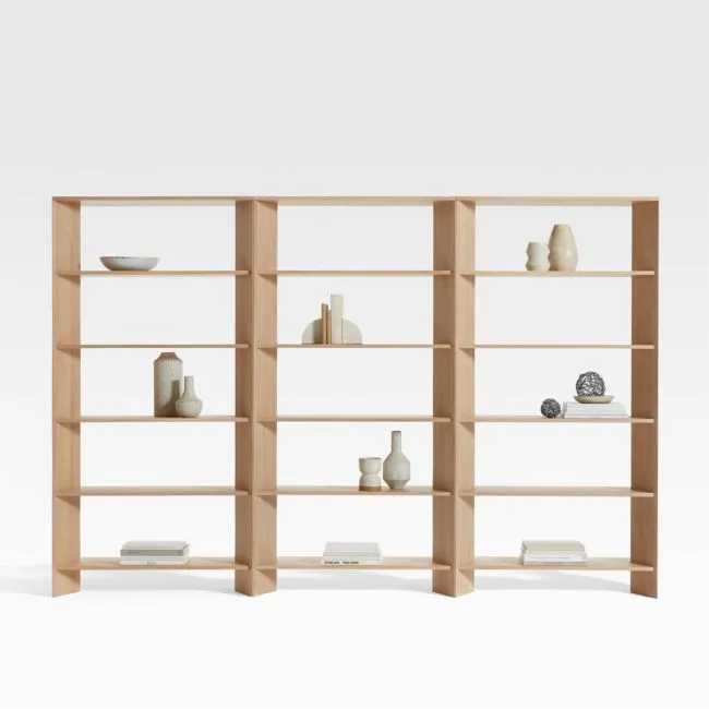 Terrazza 114" Natural Solid Oak Wood 5-Shelf Bookcases, Set of 3