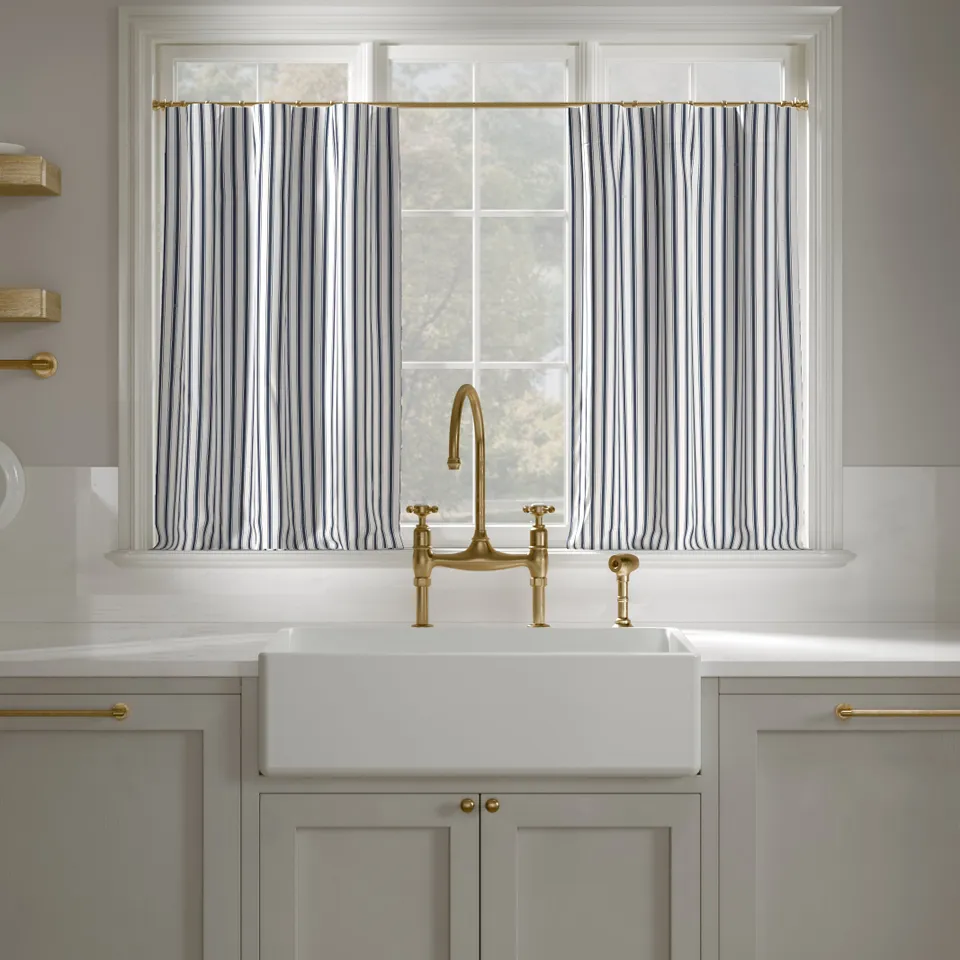 Printed Linen Café Curtain, Navy Classic Ticking Stripe, 25" x 36", Unlined