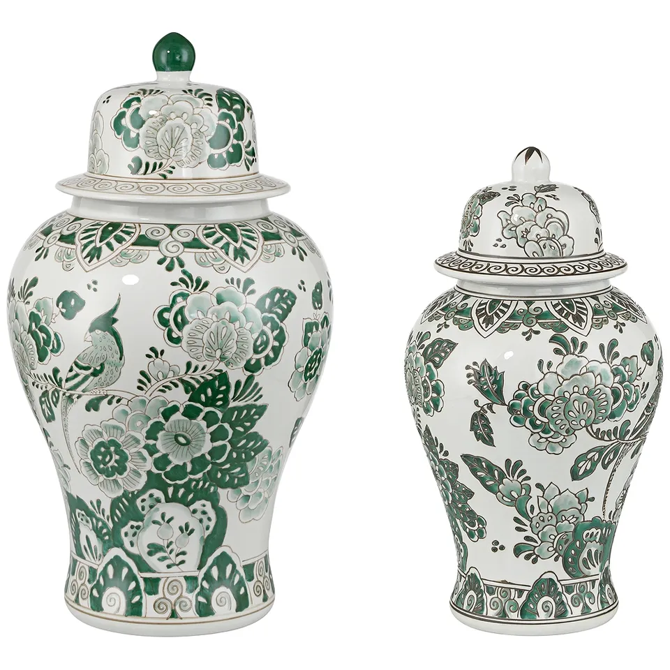 Jardin Small and Large Jade and White Ceramic Ginger Jar with Lid Set of 2